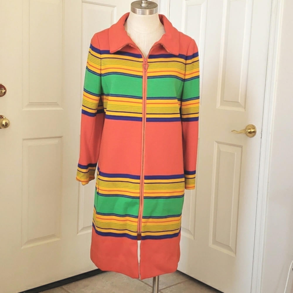 Vintage 60s Sanger Harris Wool Mod Coat Colorblock Striped Longline Small - Picture 3 of 17